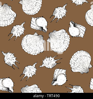 Weiße und schwarze Skizze Abbildung: Muscheln auf beigem Hintergrund. Nahtlose Muster Stockfoto
