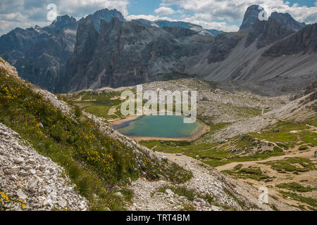 Blick auf Laghi dei Piani in der Nähe der Drei Zinnen in Südtirol, Alto Adige, Italien Stockfoto