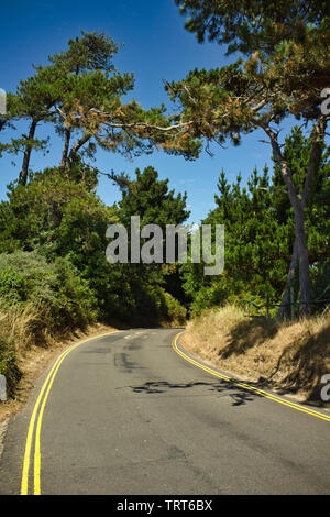 Blick auf die Landschaft, steinigen Bürgersteig und Straße mit doppelten gelben Linien in Lepe Strand, mit zwei elektrischen Felder Stockfoto