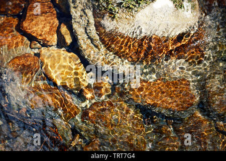 Fluss Steine im Wasser des Flusses. Kieselsteine unter Wasser. Die Aussicht von oben. Nautische Hintergrund. Sauberes Wasser des Flusses. Stockfoto