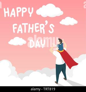Der Vektor der happy Vatertag Grußkarte. Vati in der Superhelden Kostüm, Sohn Fahrt auf der Schulter mit Tag Text gerne Vater über die weiße Wolke o Stock Vektor
