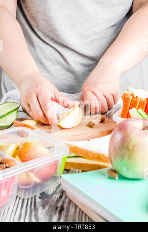 Mutter Cooking School Lunch Box Set, Vorbereitung gesunde Snacks - Käse Sandwich mit Gurke, Karotte. Nüsse, Früchte und Gemüse in Feld. Stockfoto
