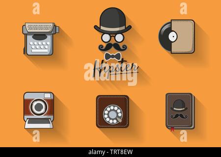 Hipster mit Schnurrbart. Hipster Symbol vektor Thema mit alten analogen Direktwahltelefon, Datensatz, instant Kamera und Schreibmaschine. Vintage Style für Hipster Stock Vektor