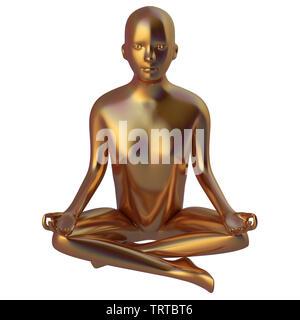 Golden Lotus pose Mann stilisierte Abbildung zen Person. Menschliche mentale guru Charakter metallic. Friedliche person nirvana Symbol. 3D-Illustration, isoliert Stockfoto