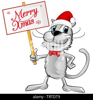 Cat Santa Claus mit frohe Weihnachten Text. Isolierte Abbildung Stock Vektor