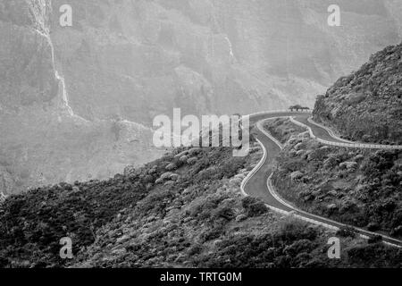 Schwarz-weiß Fotografie des Zuges, Hügel, Serpentine. Teneriffa, Spanien, Kanarische Inseln. Landschaft. Langsames Fahren. Stockfoto