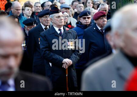 Tausende von Menschen das Cheltenham Trauerfeier nahmen am Kriegsdenkmal außerhalb der städtischen Dienststellen an diesem Morgen. 11/11/18 Bild von einem Stockfoto