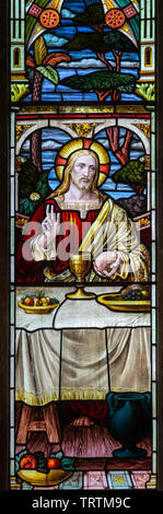 Glasfenster Kington St. Michael Kirche, Wiltshire, England, UK Abendmahl in Emmaus c 1894 Stockfoto