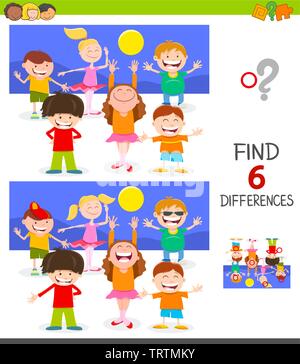 Cartoon Illustration des Findens von sechs Unterschiede zwischen den Bildern Lernspiel für Kinder mit Happy Kids Zeichen Gruppe Stock Vektor