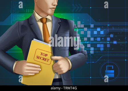Mann in einem Geschäft stehlen einige klassifizierte Dokumente. Digitale Illustration. Stockfoto