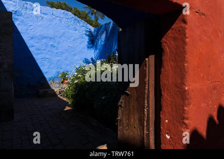 Licht, Schatten und Pflanzen in das Monasterio de Santa Catalina, Kloster, religiöse Gebäude in Arequipa, Peru, Südamerika Stockfoto