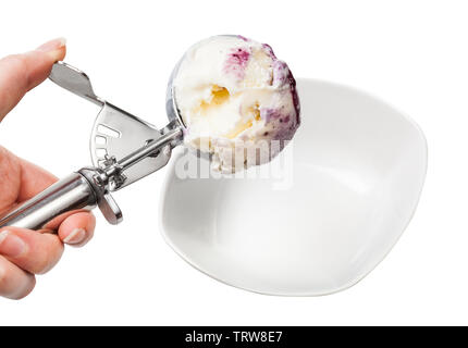 Disher Schaufel mit heidelbeere Eis Schüssel isoliert auf weißem backgrouns Stockfoto