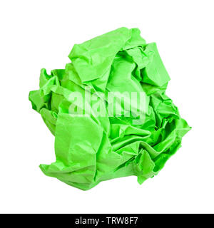 Zerknittert Papier Kugel Grün auf weißem Hintergrund Stockfoto