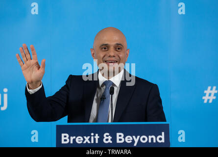 London, Großbritannien. 12. Juni 2019 Home Secretary, Sajid Javid, startet seine Kampagne Führer der Konservativen Partei. Sein Slogan ist "Brexit und darüber hinaus". Credit: Tommy London/Alamy leben Nachrichten Stockfoto