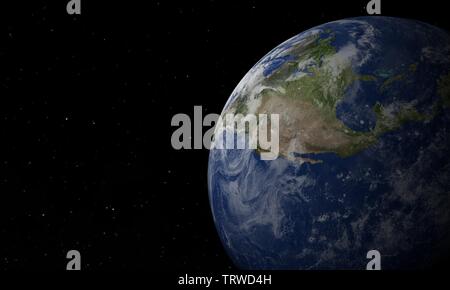 Blick auf den blauen Planeten Erde im Weltraum mit ihrer Atmosphäre. 3D-Darstellung. Stockfoto