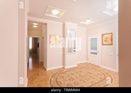 Epmty minimalistischen Interieur Hintergrund, der Halle der modernes Apartment mit offenen und geschlossenen Türen, Lichter auf, niemand, mit Kopie Raum, horizontal Stockfoto