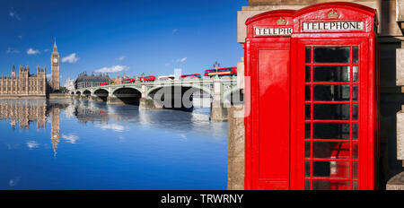 London Symbole mit BIG BEN, DOPPELDECKER und roten Telefonzellen in England, Großbritannien Stockfoto