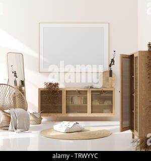 Mock up Frame in Home Interior Hintergrund, Beige Zimmer mit Naturholzmöbeln, skandinavischen Stil, 3D-Rendering Stockfoto