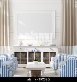 Mock up Frame in Home Interior Hintergrund, Küsten Stil Wohnzimmer mit maritimen Einrichtung, 3D-Rendering Stockfoto