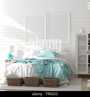 Bis Mock Rahmen im Schlafzimmer Innenraum, marine Zimmer mit Meer Dekor und Möbel, Küsten Stil, 3D-Rendering Stockfoto
