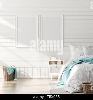 Bis Mock Rahmen im Schlafzimmer Innenraum, marine Zimmer mit Meer Dekor und Möbel, Küsten Stil, 3D-Rendering Stockfoto