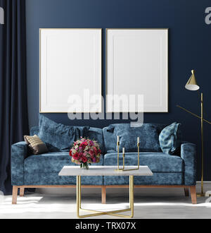 Plakat mock up in hipster Innenraum Hintergrund, dunkelblau Zimmer mit Blumenstrauß auf dem Tisch, 3D-Rendering Stockfoto