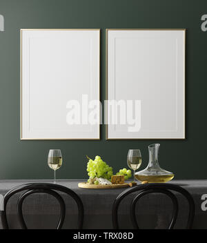 Poster, Wand mock up in Dunkelgrün Esszimmer Innenraum, 3D-Rendering Stockfoto