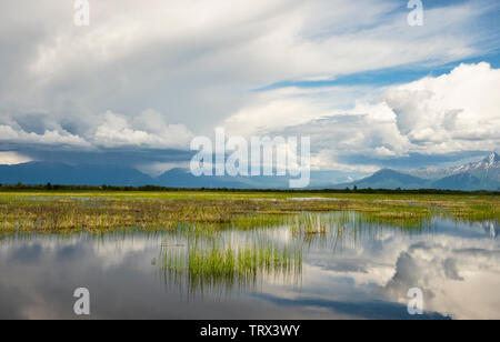 Gewitterwolken Ansatz der Talkeetna Berge und Palmer Heu Flats State Game Zuflucht in Southcentral Alaska. Stockfoto