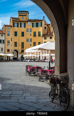 Stein ausgelegten Piazza dell'Anfiteatro von alten traditionellen Gebäuden umgeben Gastgeber Restaurants in Lucca, Toskana, Italien, Europa Stockfoto