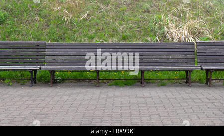 Leere Holzbänken in einem Park, an einem kleinen Hang mit Gras. Stockfoto