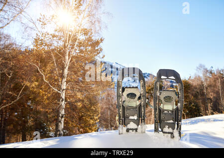 Schneeschuhe im Schnee auf dem Berg Wald gegen den blauen Himmel Stockfoto