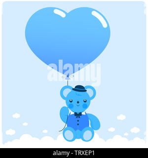 Niedlicher Teddybär, der am Himmel fliegt und einen Ballon in Herzform hält. Blauer Teddybär und Ballon. Babyparty. Stockfoto