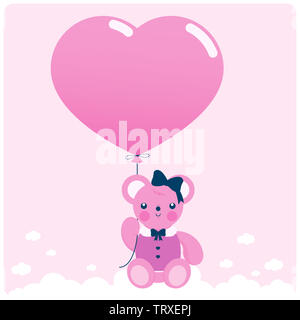 Niedlicher Teddybär, der am Himmel fliegt und einen Ballon in Herzform hält. Rosa Teddybär und Ballon. Babyparty. Stockfoto