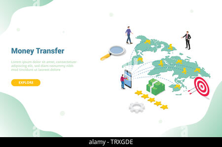 Money transfer Konzept mit Leuten die Geld senden Um welt Ziel global für Website Vorlage oder Landung Startseite - Vector Illustration Stockfoto