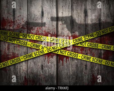 Tatort nicht Band mit blutigen Wand und Schatten der Pistole schiessen Hintergrund kreuzen. horror Theme Stockfoto