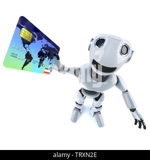 3D-Render eines lustigen Cartoon mechanische Roboter Charakter das Bezahlen mit einer EC-Karte Stockfoto