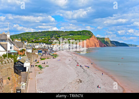 Aus der Vogelperspektive über den Strand auf die malerischen alten Badeort Sidmouth mit der Küstenweg zu Stadt, Jurassic Coast und Klippen hinaus. Stockfoto