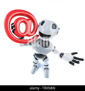3D-Render eines lustigen Cartoon mechanische Roboter Charakter, eine e-mail Adresse Symbol Stockfoto