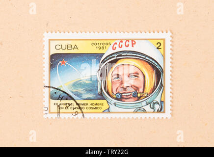 Kuba - ca. 1981: einen Stempel in Kuba gedruckt zeigt das russische Raumfahrtprogramm, ca. 1981 Stockfoto