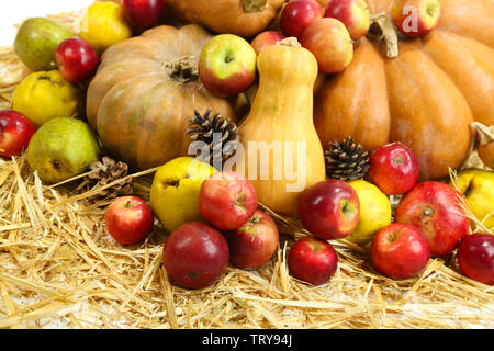 Herbst Zusammensetzung der Früchte und der Kürbisse auf Stroh close-up Stockfoto