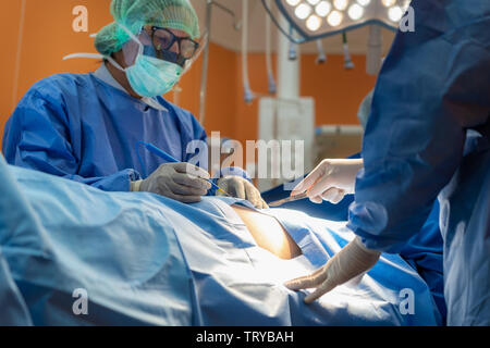 Gruppe von Chirurgen bei der Arbeit im Operationssaal. Medizinisches Team Ausführen des Vorgangs Stockfoto