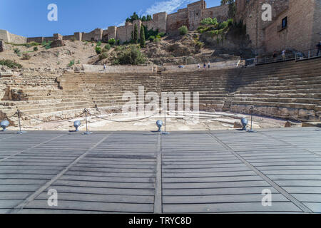 Malaga, Spanien - Sept 23 2019: Bühne oder pulpitum der Römischen Theater von Malaga, Andalusien, Spanien Stockfoto