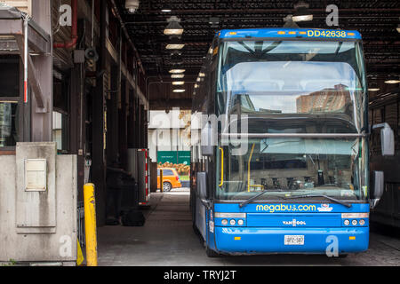 TORONTO, KANADA - 14. NOVEMBER 2018: Megabus Logo auf einem motorcoach Bus stehend in Toronto Coach Station. Megabus Kanada ist eine Marke der Intercity Coach Stockfoto