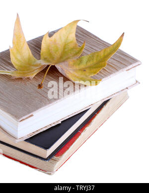 Bücher und Herbst Blatt auf Weiß isoliert Stockfoto