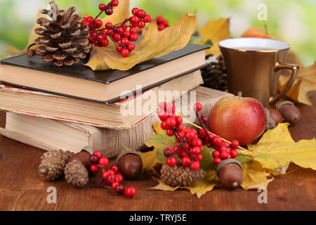 Bücher und Herbstlaub auf Holztisch auf natürlichen Hintergrund Stockfoto