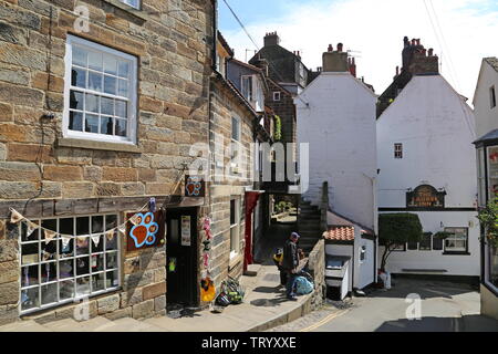 Pfoten pet store und Laurel Inn, New Road, Robin Hood's Bay, Borough von Scarborough, North Yorkshire, England, Großbritannien, USA, UK, Europa Stockfoto