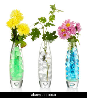 Schönen Blumen in Vasen mit hydrogel isoliert auf weißem Stockfoto