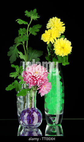 Schönen Blumen in Vasen mit hydrogel isoliert auf Schwarz Stockfoto