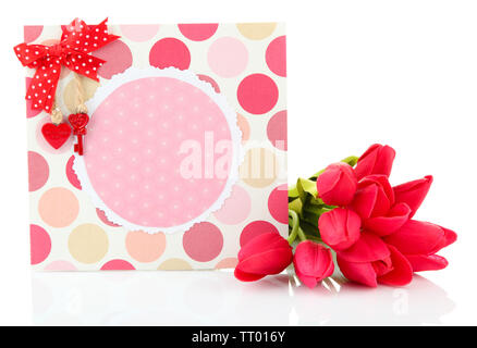 Schöne handgemachte Post Card und Blumen, auf weissem isoliert Stockfoto