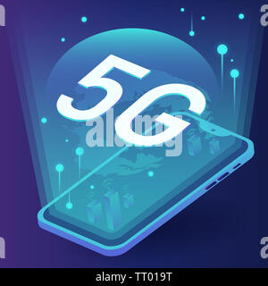 Konzept der 5G in die Zukunft auf Ihrem Telefon mit Netzwerk Vektor Stockfoto